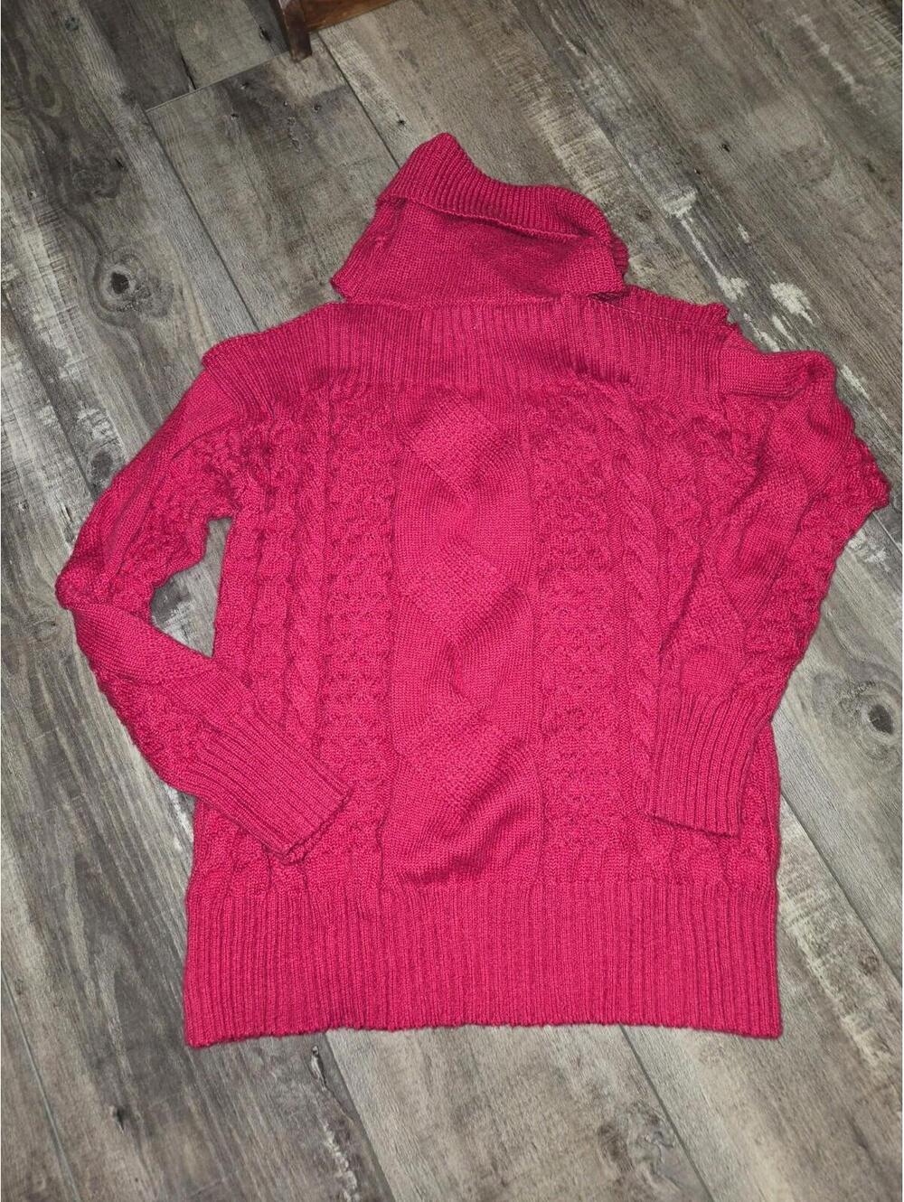 Anthropologie Hot Pink Cable Knit Cold Shoulder Turtleneck Sweater Size XS